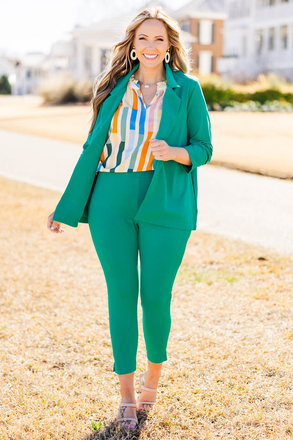 Chic Soul plus size clothing, kelly green skinny ankle length pants with split bottom on side