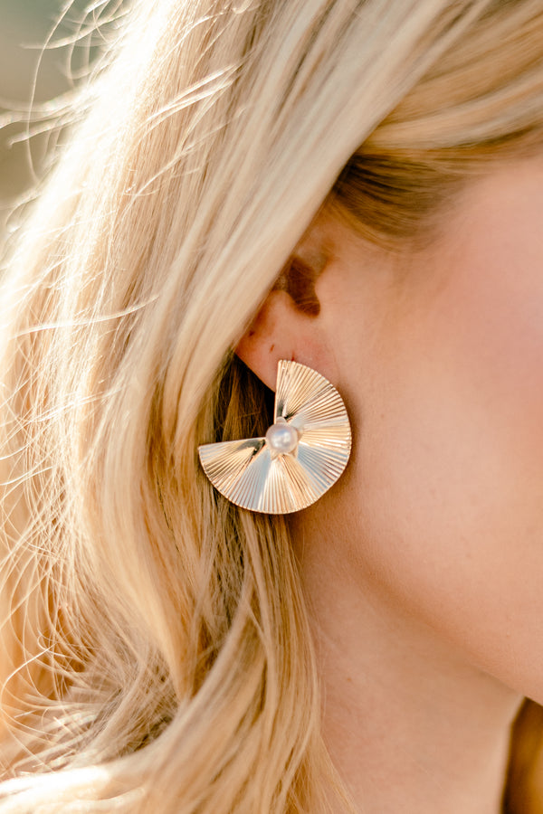 Chic Soul plus size clothing, gold 3/4 circle pendent earrings with pearl detail center