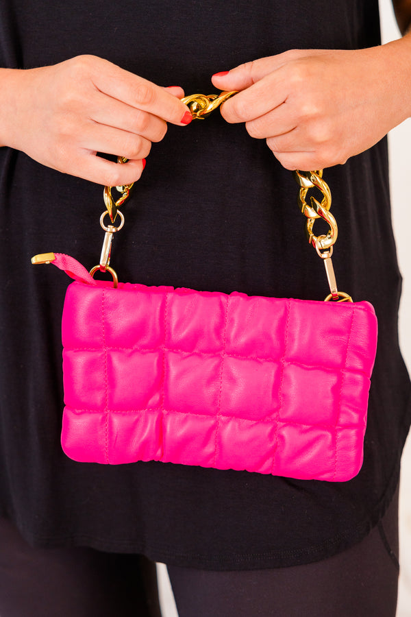 Chic Soul plus size clothing, hot pink puffy handbag with thick gold chain
