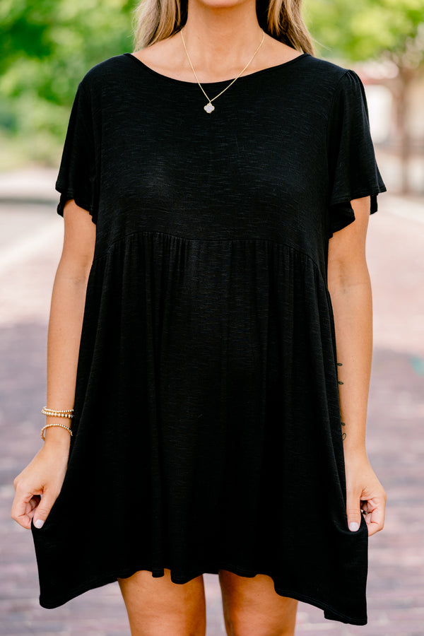 Chic Soul plus size clothing, solid black short-flutter sleeve shallow scoop neckline flowy mini dress