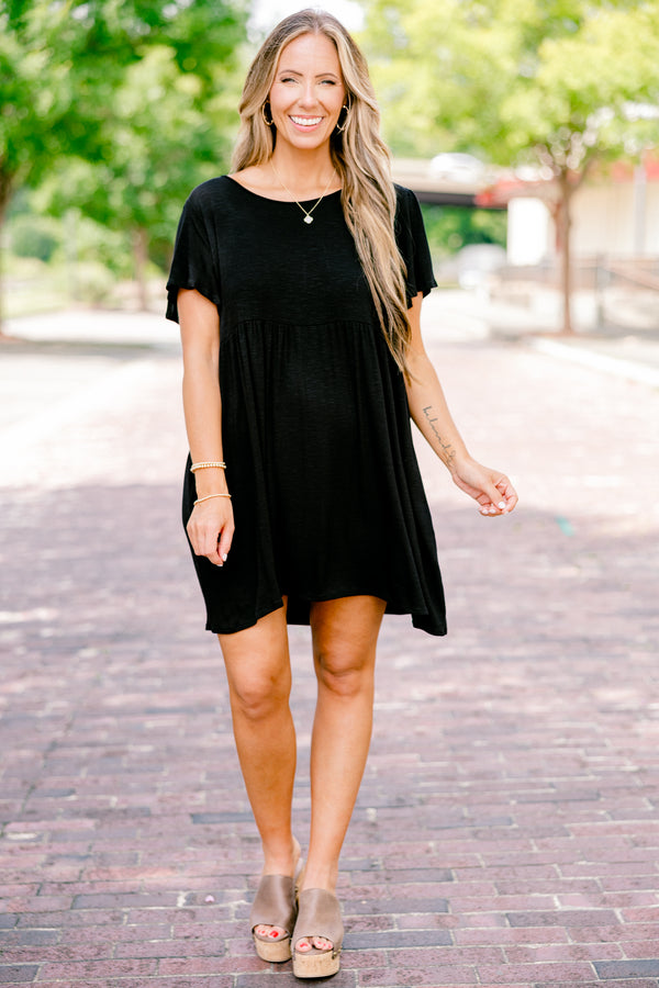 Chic Soul plus size clothing, solid black short-flutter sleeve shallow scoop neckline flowy mini dress