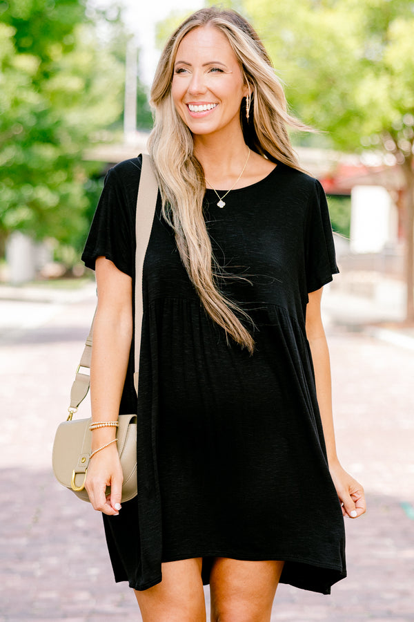 Chic Soul plus size clothing, solid black short-flutter sleeve shallow scoop neckline flowy mini dress