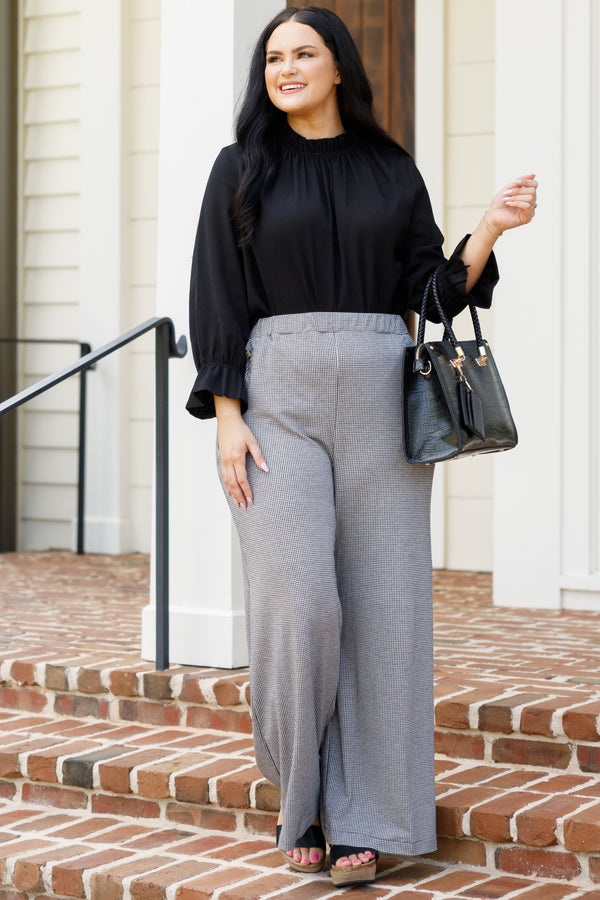 Chic Soul plus size clothing, black gingham flowy pants with button detailing on the pockets