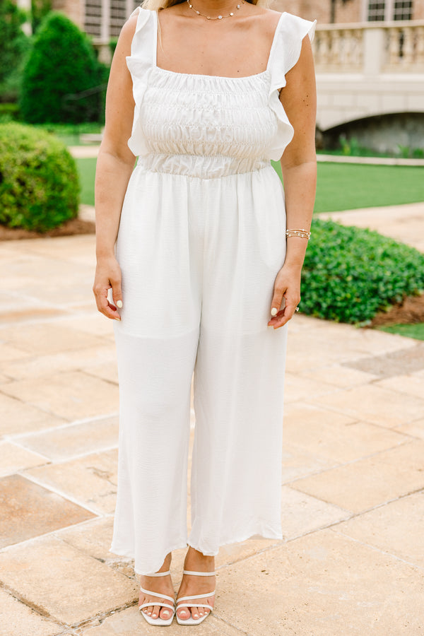 Chic Soul plus size clothing, off white jumpsuit with smocked top and ruffles straps