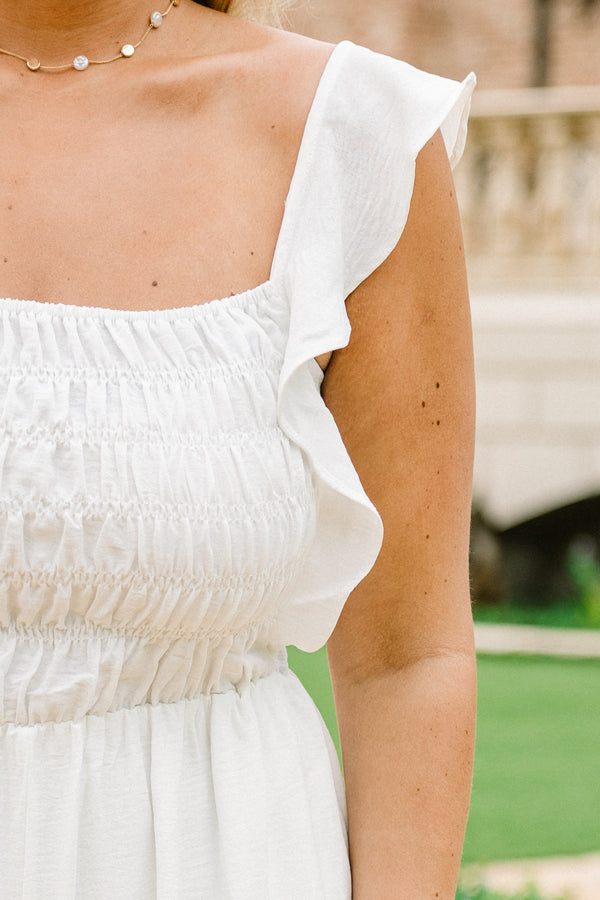 Chic Soul plus size clothing, off white jumpsuit with smocked top and ruffles straps