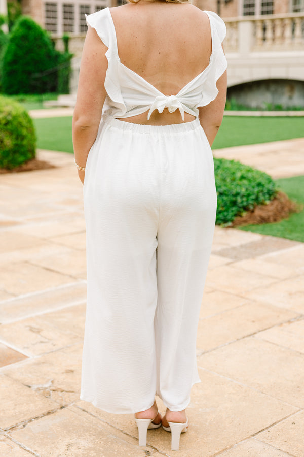 Chic Soul plus size clothing, off white jumpsuit with smocked top and ruffles straps