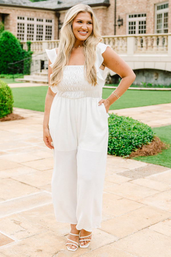 Chic Soul plus size clothing, off white jumpsuit with smocked top and ruffles straps