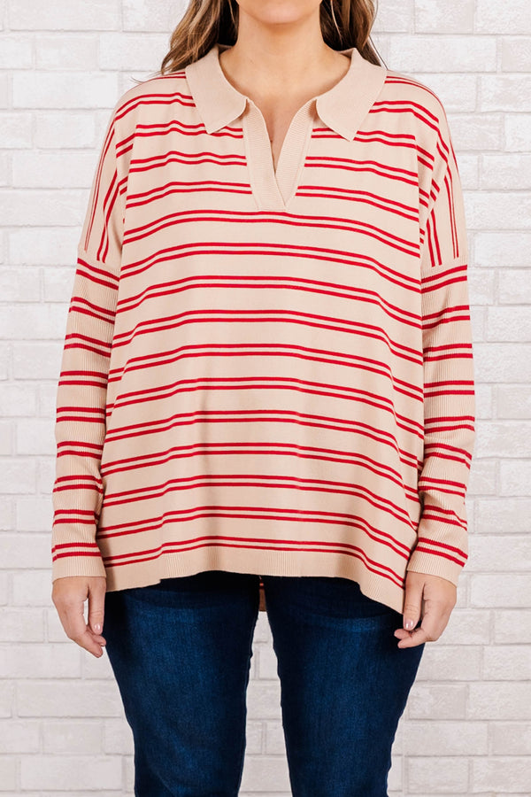 Chic Soul plus size clothing, taupe knit top with red striped and collar