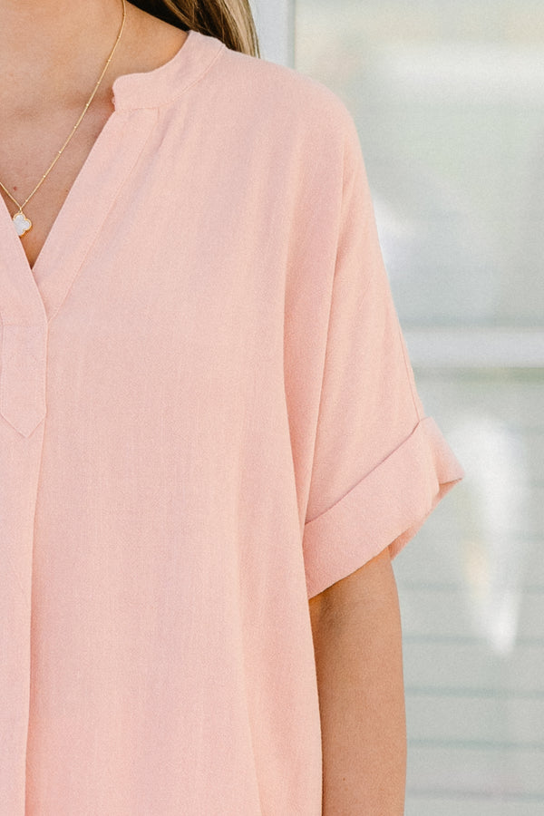 Chic soul plus size clothing, light rose silk short sleeve top with a slight v-neck 