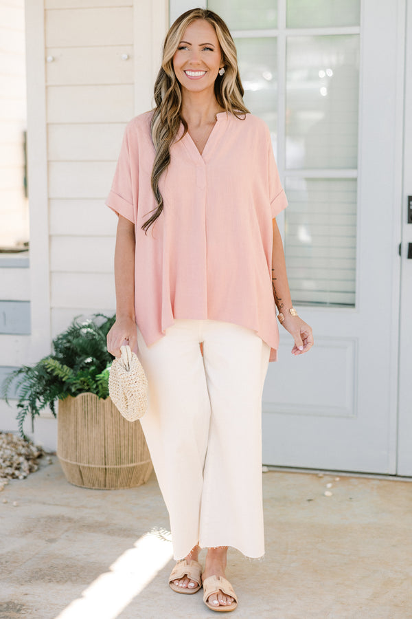 Chic soul plus size clothing, light rose silk short sleeve top with a slight v-neck 