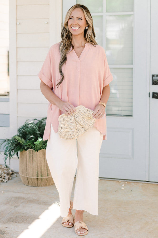Chic soul plus size clothing, light rose silk short sleeve top with a slight v-neck 
