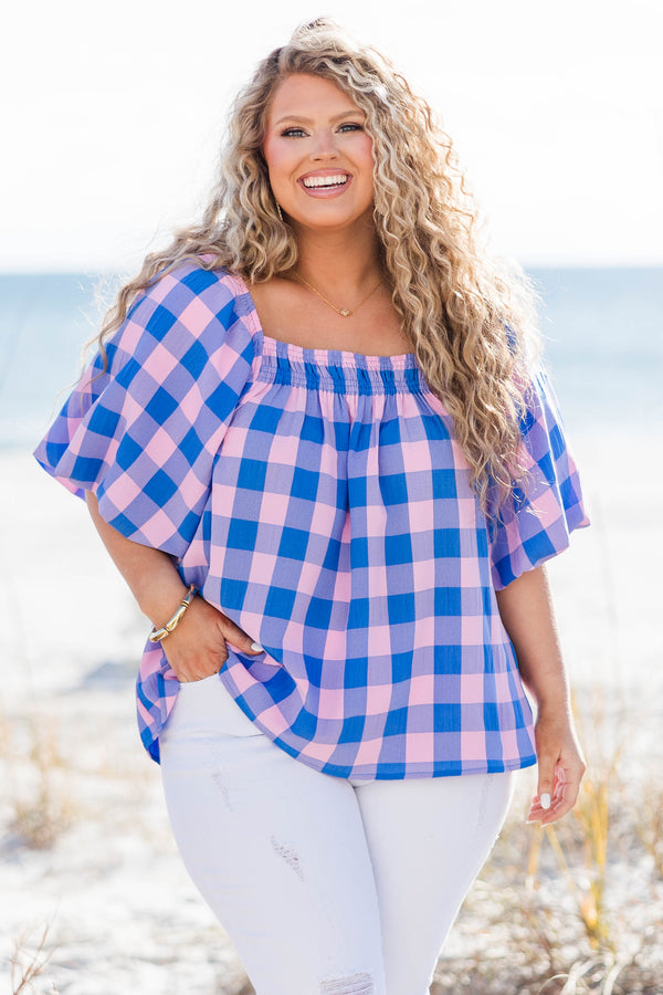 Chic Soul plus size clothing, blue-pink large gingham print short sleeve top with square neckline