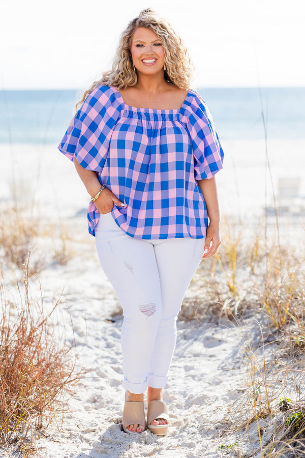 Chic Soul plus size clothing, blue-pink large gingham print short sleeve top with square neckline