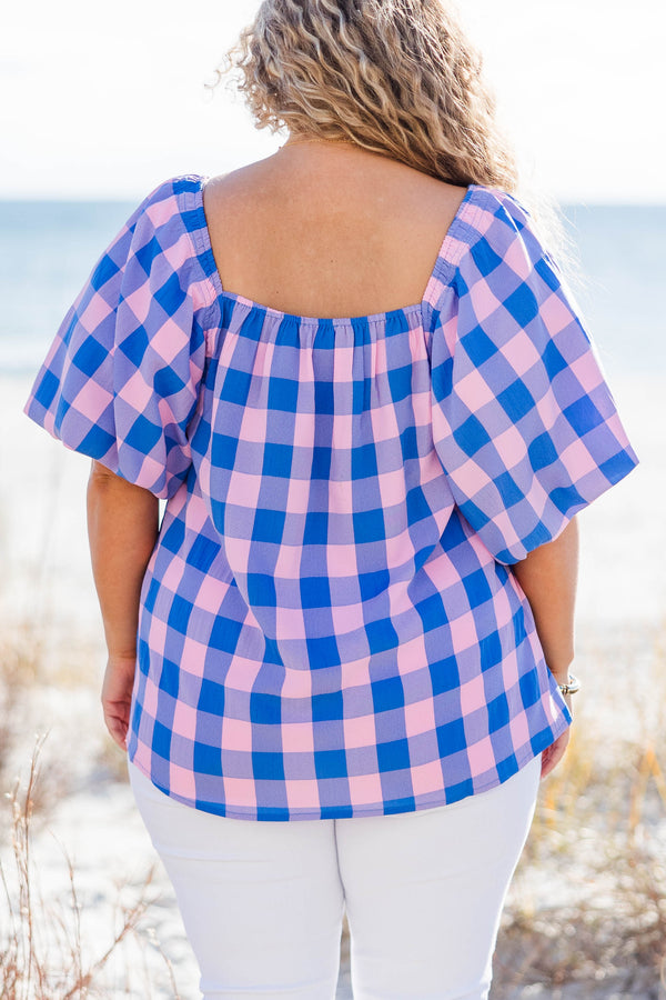 Chic Soul plus size clothing, blue-pink large gingham print short sleeve top with square neckline