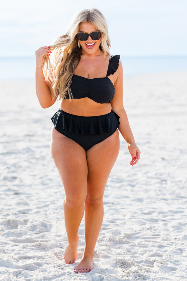 Chic Soul plus size clothing, black high waisted bottoms with ruffle along top waistband