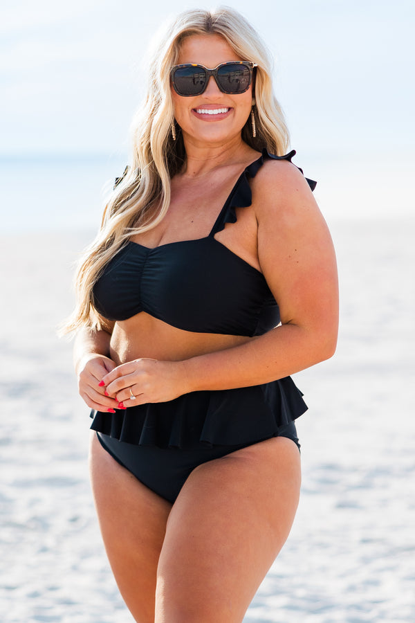 Chic Soul plus size clothing, black swim top with rushing in the center with ruffle strap sleeves 