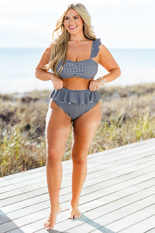 Chic Soul plus size clothing, black and white gingham bikini top with ruffle strap 