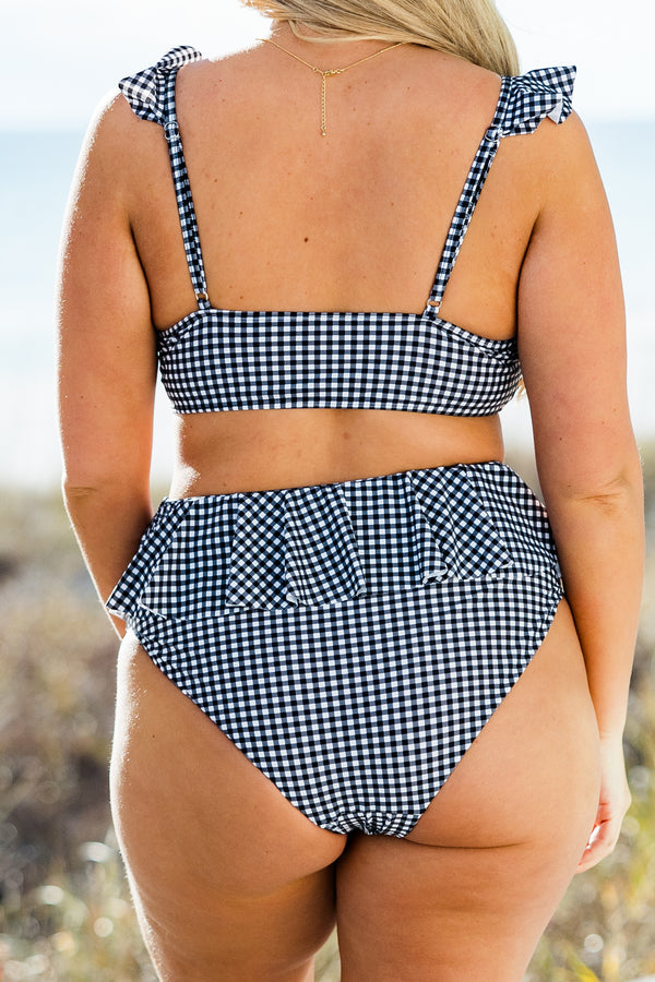 Chic Soul plus size clothing, black and white gingham bikini top with ruffle strap 