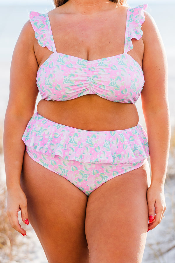 Chic Soul plus size clothing, pink floral print swim top with rushing in the center with ruffle straps