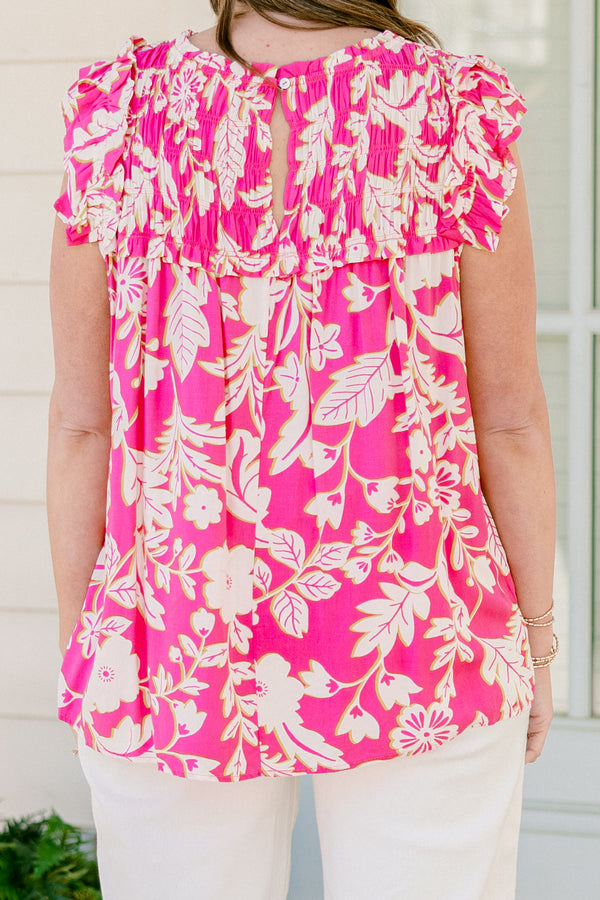 Chic Soul plus size clothing, short-flutter-sleeve pink mix top with an ivory and yellow floral pattern
