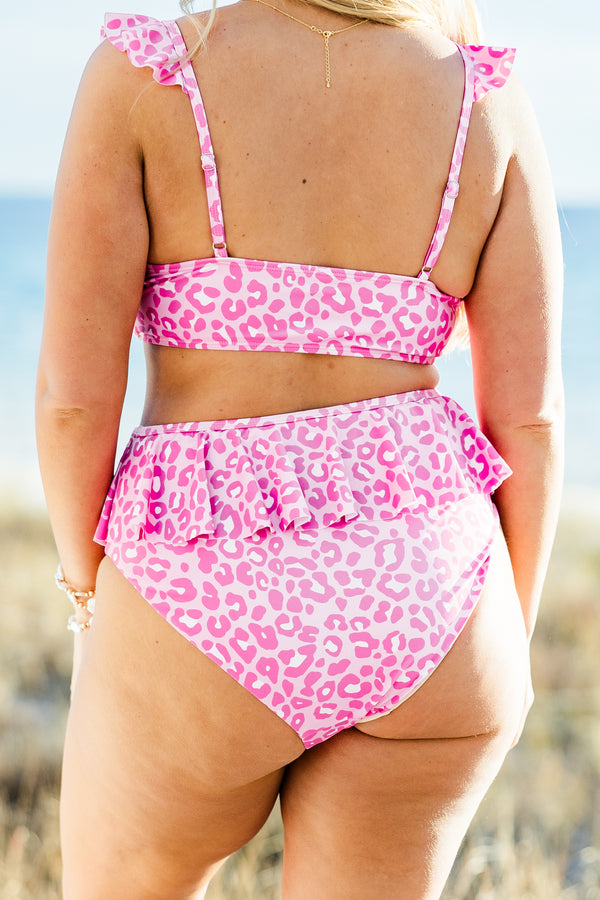chic soul plus size clothing, light pink bikini top with hot pink leopard pattern and ruffles along the strap