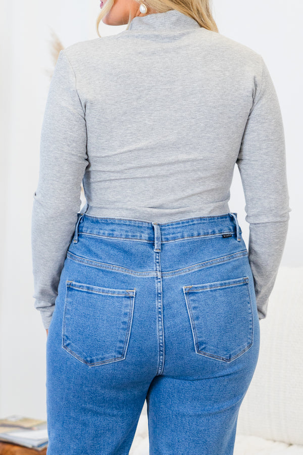 Chic Soul plus size clothing, gray slim-fitting long-sleeve bodysuit with ribbed material and turtle mock-neckline 