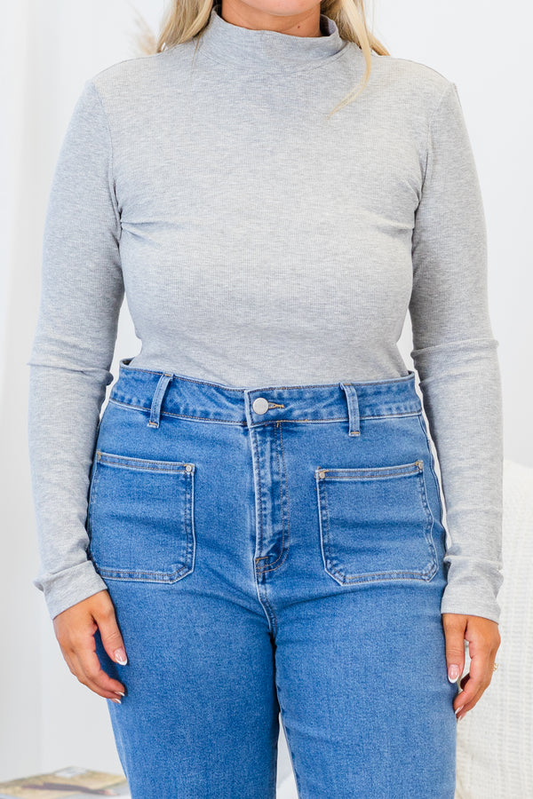 Chic Soul plus size clothing, gray slim-fitting long-sleeve bodysuit with ribbed material and turtle mock-neckline 