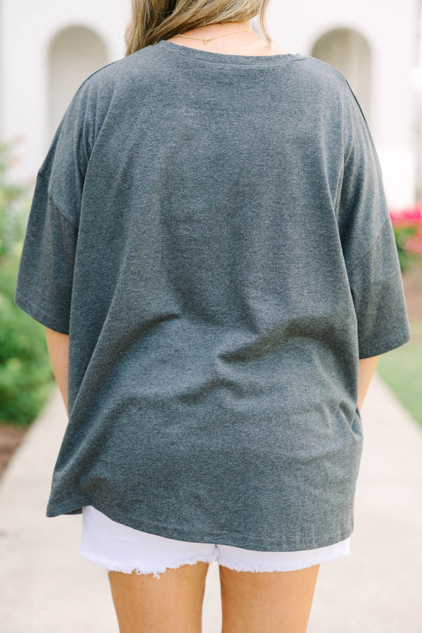 Plus Size charcoal boyfriend tee with yellow and blue polka dot 'SUMMER BUM' text and white shorts.