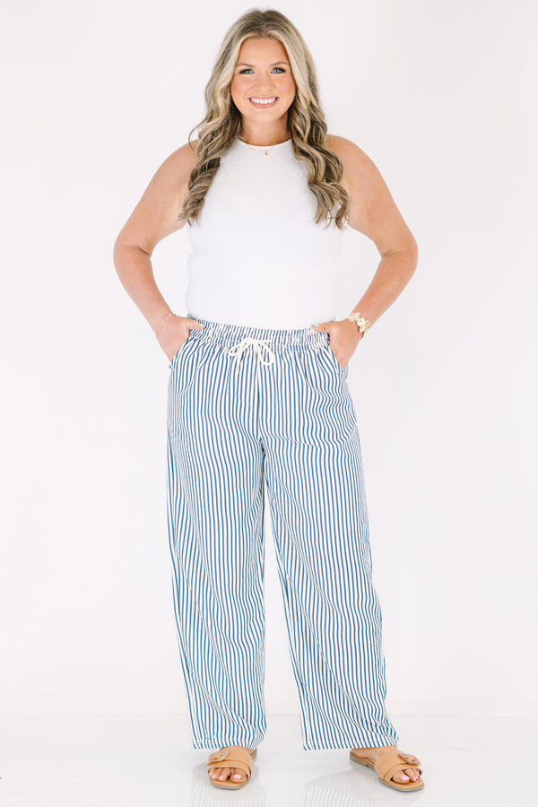 Chic Soul plus size clothing, blue striped straight leg pant with a stretchy draw string waistband 