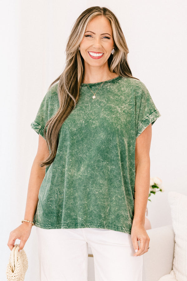 Chic Soul plus size clothing, short-sleeve dark green mineral wash top with a high-scoop-neckline