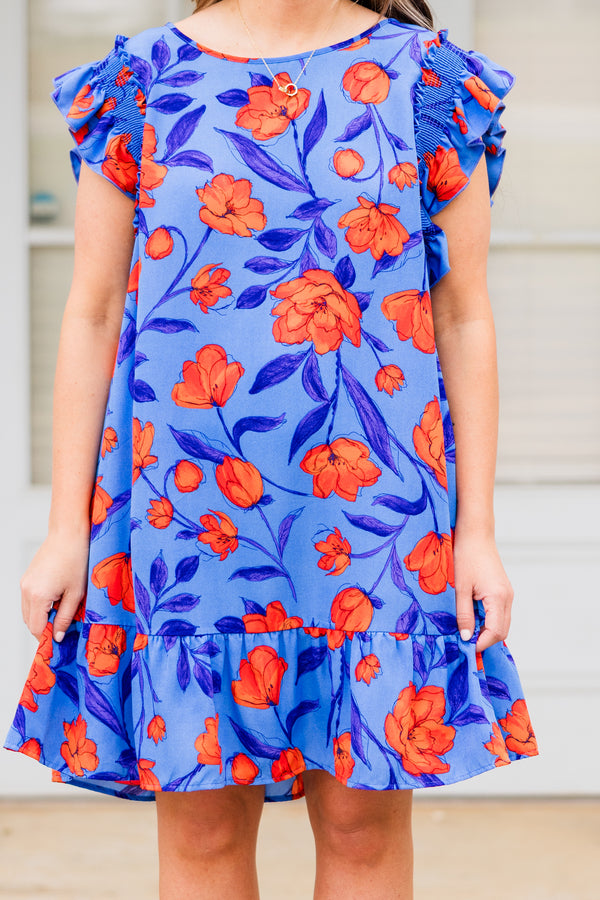 Chic Soul plus size clothing, royal blue with orange floral print mini dress with ruffle short sleeves with ruffle along the bottom
