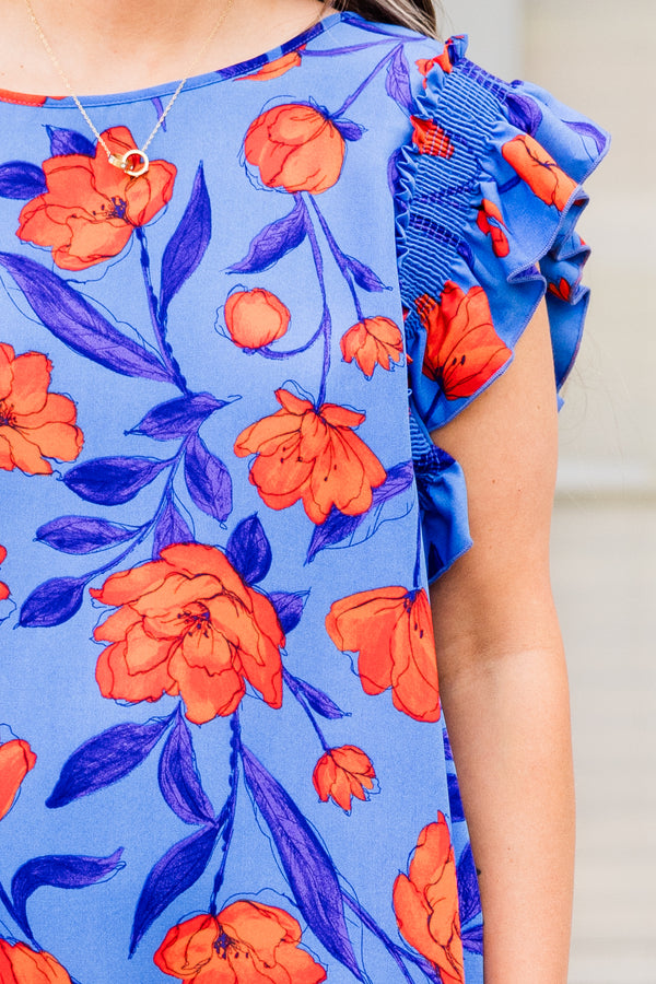 Chic Soul plus size clothing, royal blue with orange floral print mini dress with ruffle short sleeves with ruffle along the bottom