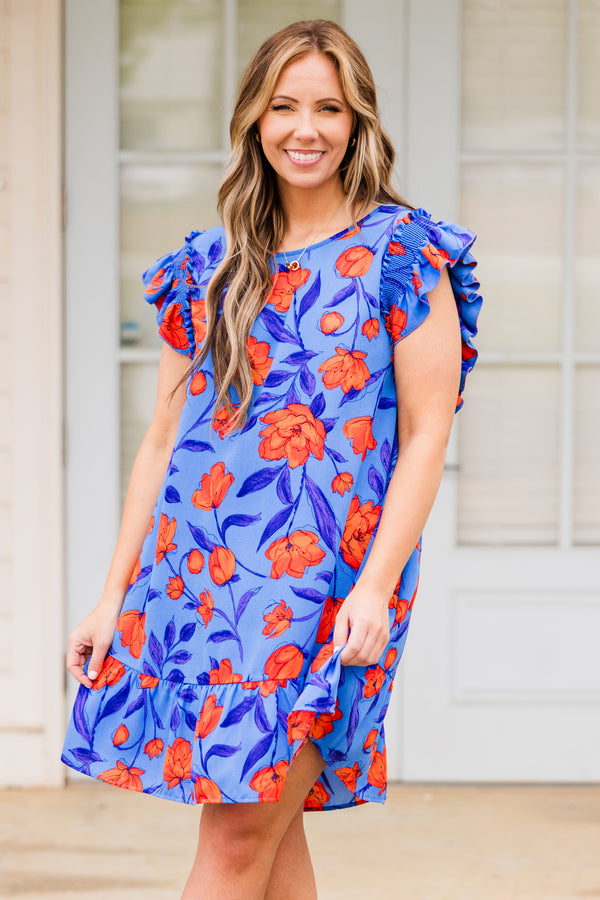 Chic Soul plus size clothing, royal blue with orange floral print mini dress with ruffle short sleeves with ruffle along the bottom
