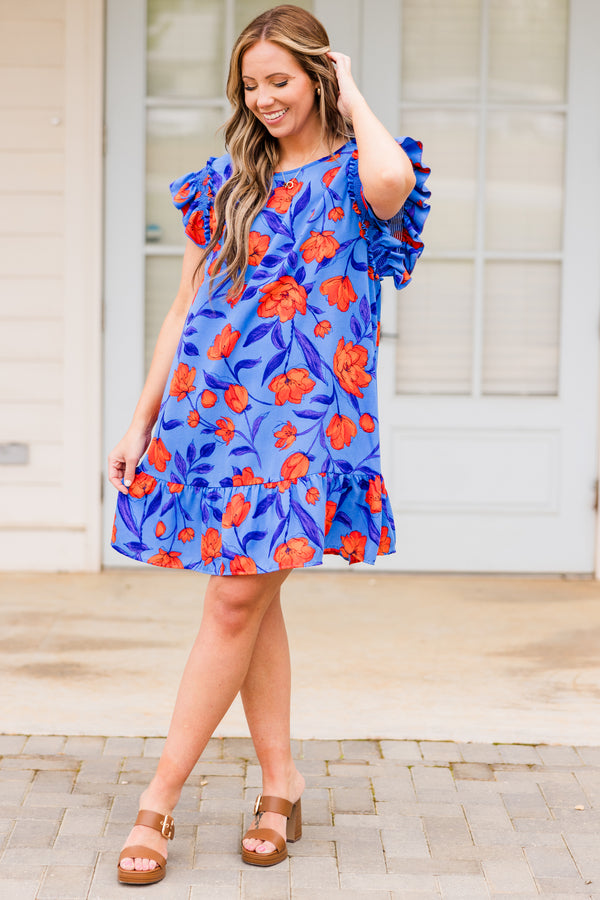 Chic Soul plus size clothing, royal blue with orange floral print mini dress with ruffle short sleeves with ruffle along the bottom