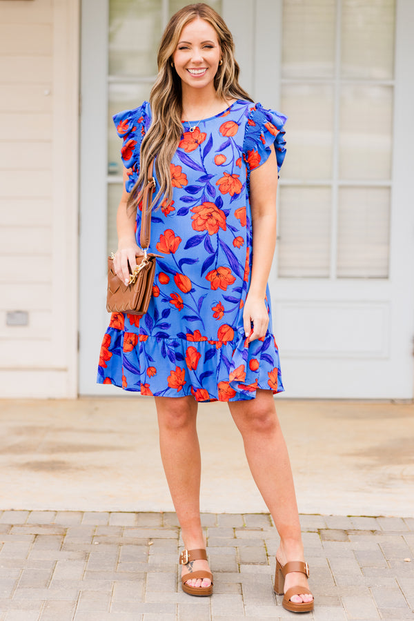 Chic Soul plus size clothing, royal blue with orange floral print mini dress with ruffle short sleeves with ruffle along the bottom