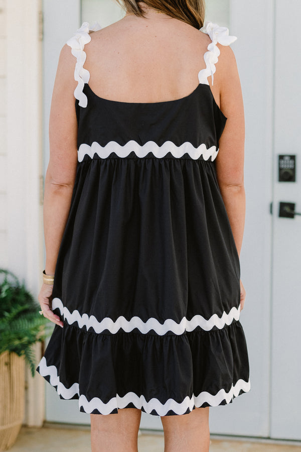 Chic Soul plus size clothing, black sleeveless mini dress with square neckline with white scallop strap with white scallop detail along waist and trim