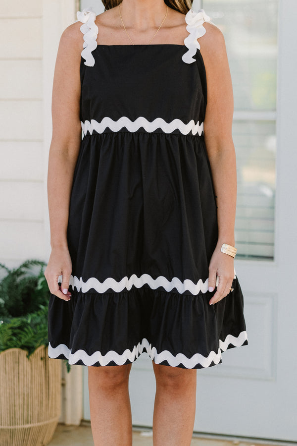 Chic Soul plus size clothing, black sleeveless mini dress with square neckline with white scallop strap with white scallop detail along waist and trim
