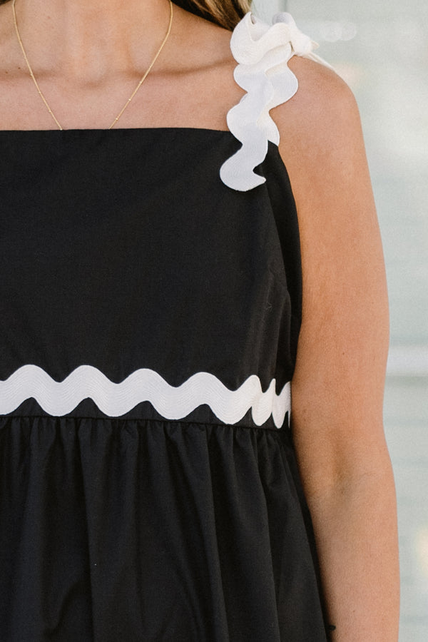 Chic Soul plus size clothing, black sleeveless mini dress with square neckline with white scallop strap with white scallop detail along waist and trim