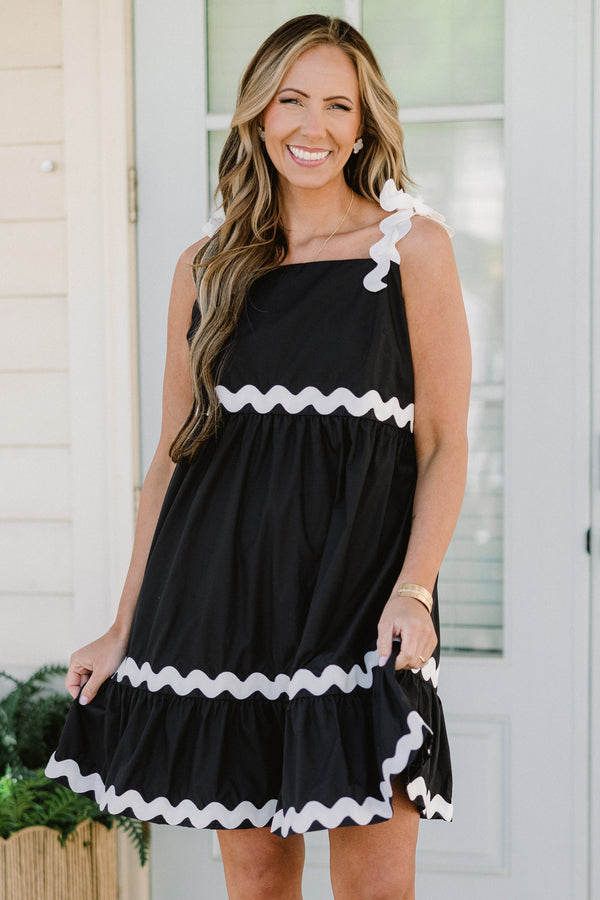 Chic Soul plus size clothing, black sleeveless mini dress with square neckline with white scallop strap with white scallop detail along waist and trim