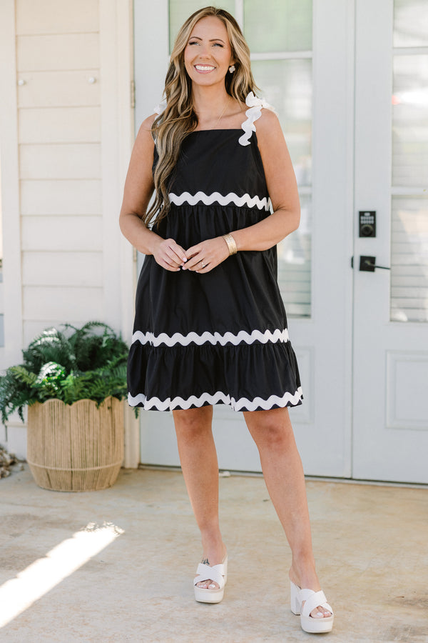 Chic Soul plus size clothing, black sleeveless mini dress with square neckline with white scallop strap with white scallop detail along waist and trim