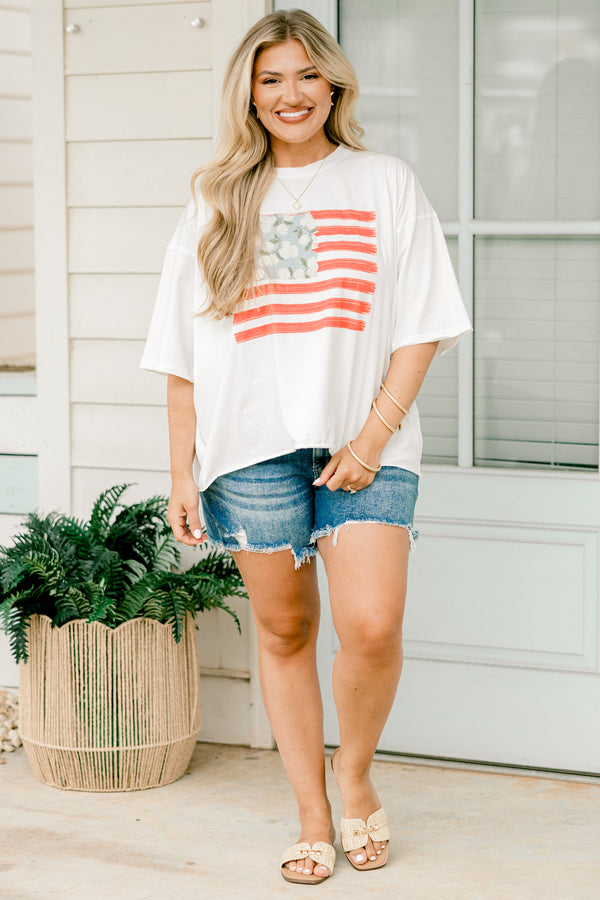 Chic Soul plus size clothing, white half sleeve tee with American flag flower graphic