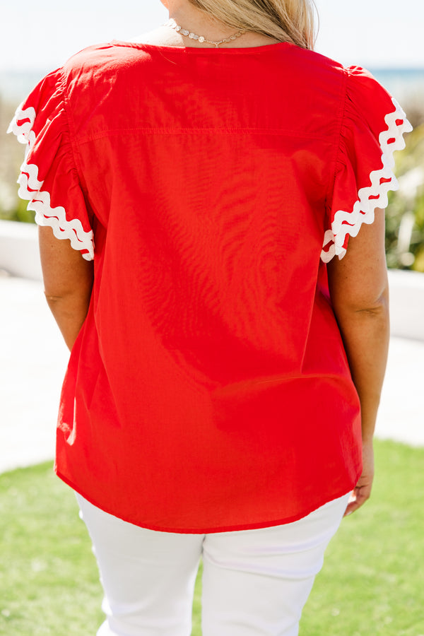 Chic Soul plus size clothing, red short sleeve top with round neckline with white scalloped detail along sleeves