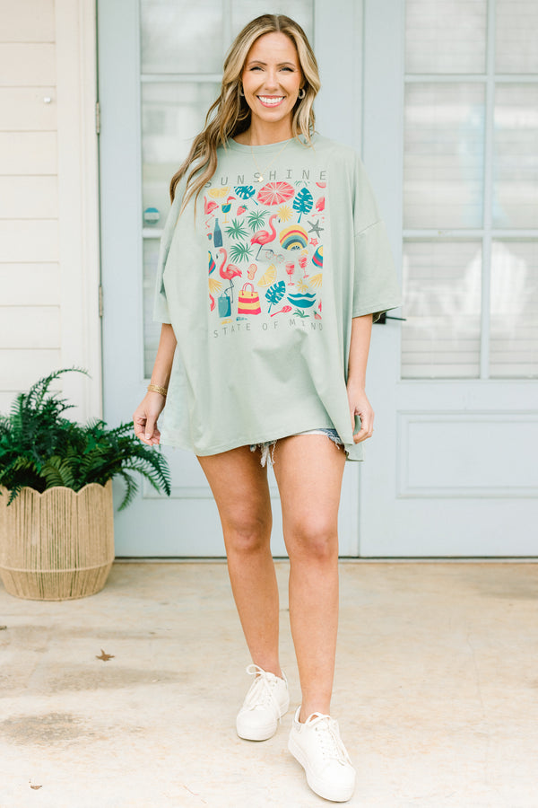 Chic Soul plus size clothing, light sage short sleeve boyfriend tee with round neckline with 