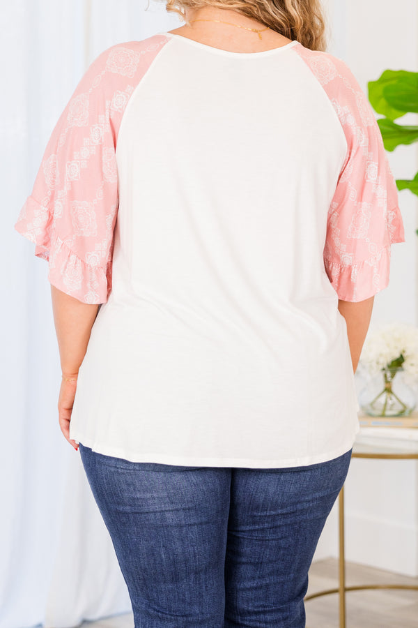 Chic Soul plus size clothing, ivory top with pink floral short sleeves 