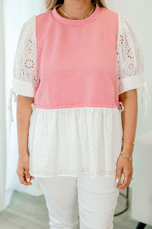 Chic Soul plus size clothing,White and pink top with white eyelet bubble sleeves and a white eyelet ruffle detail on the bottom of the shirt 
