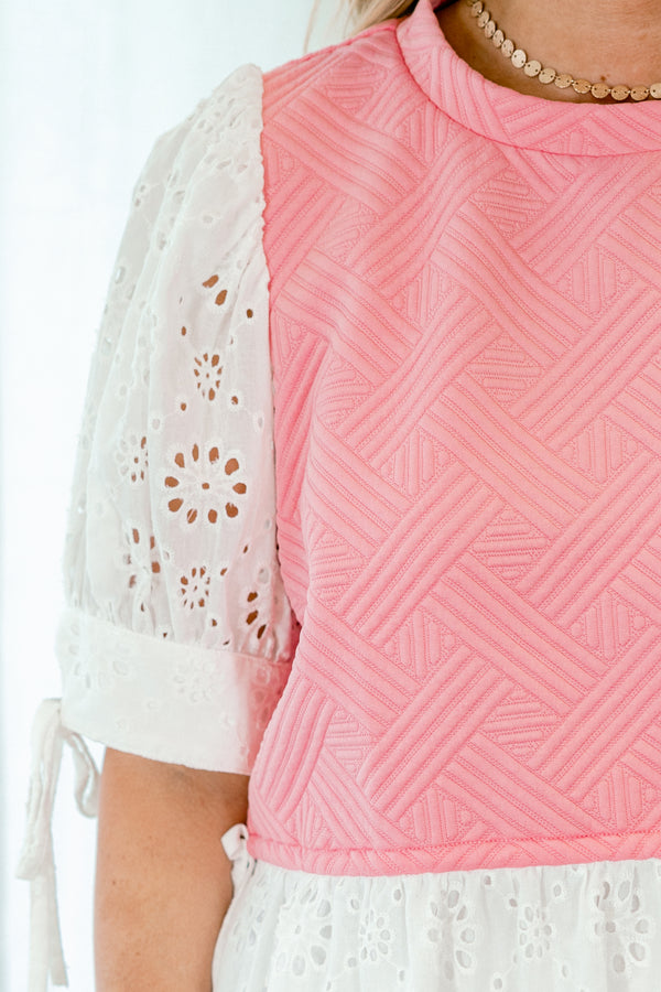 Chic Soul plus size clothing,White and pink top with white eyelet bubble sleeves and a white eyelet ruffle detail on the bottom of the shirt 
