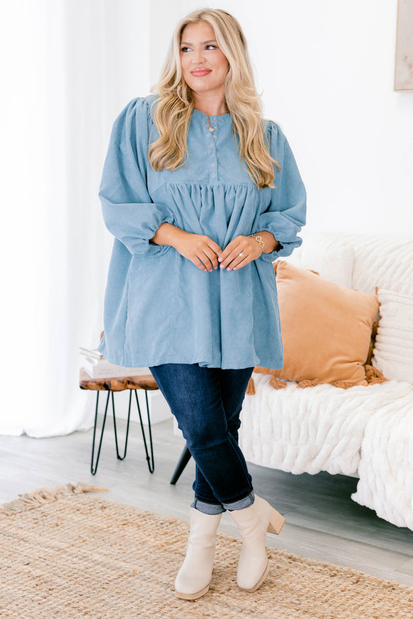 Chic Soul plus size clothing, light blue half sleeve tunic with a snap detailed neckline and gathered sleeves.
