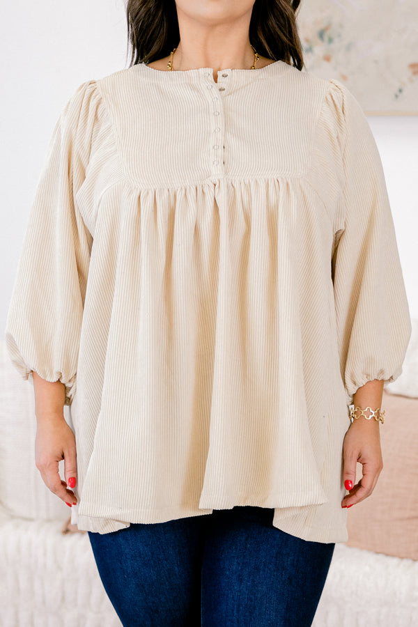 Chic Soul plus size clothing, ivory top with long bubble sleeves and buttons going down to the chest
