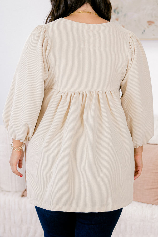 Chic Soul plus size clothing, ivory top with long bubble sleeves and buttons going down to the chest