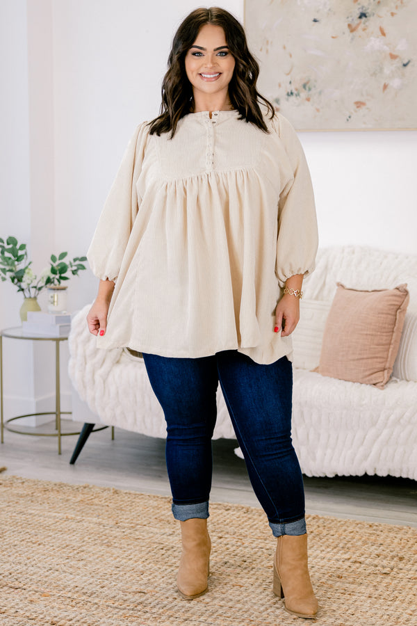 Chic Soul plus size clothing, ivory top with long bubble sleeves and buttons going down to the chest